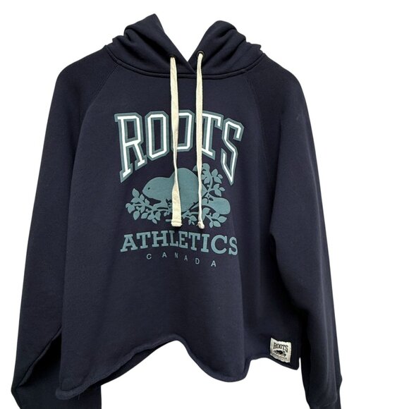 ROOTS Hoodie Large Navy Blue Graphic Roots Athletics Womens Cropped Pullover - Picture 4 of 9